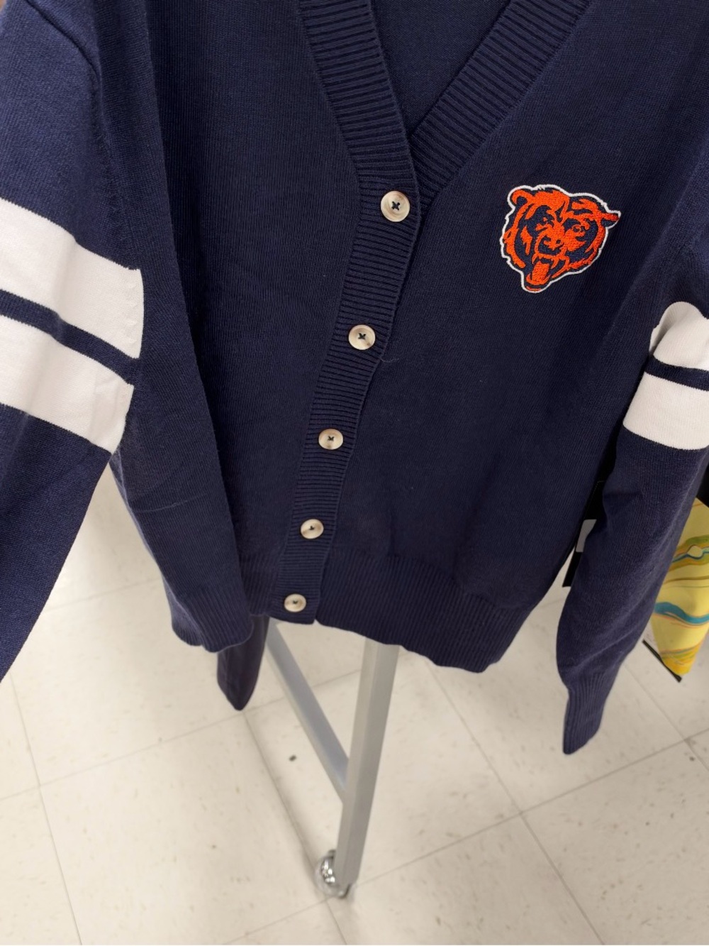 NFL Navy Cardigan with White Sleeve Stripes and Orange Bear Patch